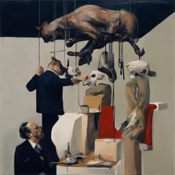 UN conference,a cat and human flesh-like surgical instruments and universe-like a pigeon and neuralink, surrealism,minimalism,Painting By Adrian Ghenie, Rene Magritte, Salvador Dali, Lucian Freud