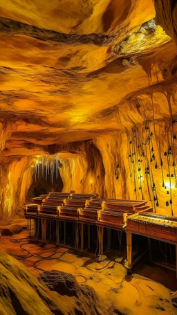 A golden yellow cave with music notes painted by Zosan