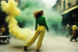[iconic color photo by Helmut Newton] Her bended figure emerged from the chaos, surrounded by the swirling backdrop of yellow dust and billowing smoke that cloaked the attack in the bustling yellow market plaza. An Italian woman clad in plush green trousers and a worn velvet green pull-over, her back heaving with urgency, navigated the labyrinthine alleys with a grace born of desperation.