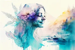 A Smiley gorgeous woman stunning drawn on paper by blue dry ink pen sketch, colored flowers beside paper. pastel colors double exposure: waterfall, misty morning, reflection, sunrise