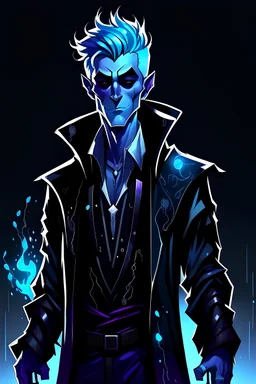 black raincoat, half-elf man, magician, glowing blue hair