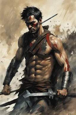 Alex Maleev, unused cover illustration, 2005: [greek god model in flesh] A man resembling the Wounded Gallic Warrior emerges from a battlefield, bearing the marks of war on his body. His face reflects agony and weariness, a testament to the human cost of conflict. With one arm raised in surrender, the other clenching a weapon, he embodies vulnerability and resilience. His eyes reveal sorrow and the toll war has taken on his soul. Amidst the devastation, he carries the weight of countless sacrifi