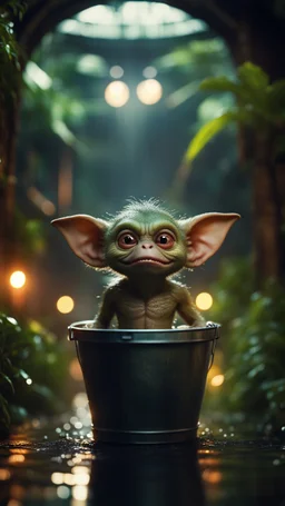 close up portrait of a gremlin mode a bucket in dark lit reflective wet jungle metallic hall dome hotel tunnel, in the style of a game,bokeh like f/0.8, tilt-shift lens 8k, high detail, smooth render, down-light, unreal engine, prize winning