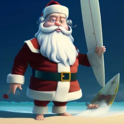 Santa standing of surfboard surfing a big wave, empty hands, beach, character design by cory loftis, fenghua zhong, ryohei hase, ismail inceoglu and ruan jia. unreal engine 5, artistic lighting, highly detailed, photorealistic, fantasy