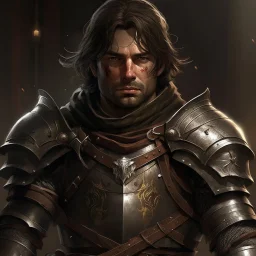 a rugged and determined knight with scars of battle etched across his weathered face, stands tall amidst the chaos of a medieval world. With dark brown hair falling to his shoulders and hazel eyes reflecting both determination and compassion, he is a master swordsman on a quest for vengeance and justice. Dressed in practical leather armor and wielding his broadsword with expert proficiency, Cedric's journey is marked by loss, survival, and the pursuit of honor in a world torn apart by conflict.