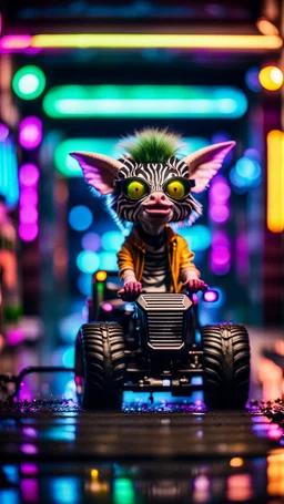 portrait of zebra Hairy Gremlin myth buster pimp ninja yoga cyber punk in flying hipster lawn tractor parked in dark neon lit reflective wet arcade hall tunnel,bokeh like f/0.8, tilt-shift lens 8k, high detail, smooth render, down-light, unreal engine, prize winning