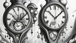 Surreal melted analog clocks with distorted faces and hands displaying irregular, warped time in a dreamlike, abstract setting, pencil drawing