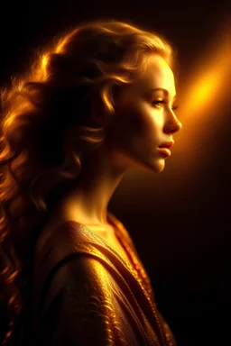 An elegantly poised woman, radiating an aura of confidence and vitality, positioned at the center of the frame, her features carefully captured in stunning detail, golden light gently illuminating her striking profile, cascading waves of shimmering hair, undulating with an innate grace, the deep, entrancing eyes mirroring the tale of an untold saga, the masterful application of her cosmetics enhancing her natural beauty, the subject framed against