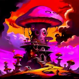 A fantabulous black, magenta and orange (((mushroom tower house))) erected atop a (geologic pillar), surrounded by the uncanny imaginative ((( swirling skies))), offset by the stark hues of a (neon-tinged nebulous space scape), within. captured by the hand a skilled master painter with a focus on (softly blurred compositions and voluminous lighting).