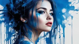 masterpiece, best quality, ultra high res, 1girl, (abstract art:1.4), bleeding blue, blue theme, visually stunning, beautiful, evocative, emotional, side view,