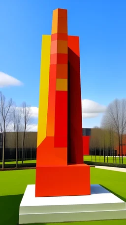 An orange colored technologic obelisk painted by Piet Mondrian