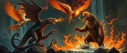 phoenix octopus bird witch bear dragon waterfall looks beyond really powerful slapping a bird in the face with fire, fantasy illustration, in the style of Rembrandt
