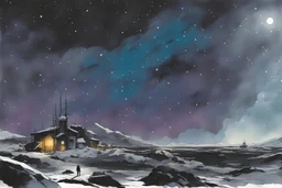 Hark the herald angles sing, A soft-focus image of stary night sky casting a warm glow, create in inkwash and watercolor, in the comic book art style of Mike Mignola, Bill Sienkiewicz and Jean Giraud Moebius, highly detailed, gritty textures,