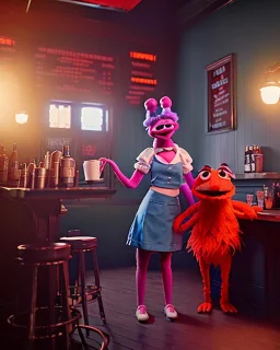 Pub scene, hybrid character, waitress woman with monster muppet mask that covers her entire head, retro style, Sesame Street style, smooth, unreal engine 5, god lights, ray tracing, RTX, lumen lighting, ultra detail, volumetric lighting, 3d.