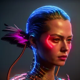 pretty cyber woman, cables, futuristic, blood, black, gold, brown, decorative color feathers, simétrico, circuits, neon style, a lot of led lights, fog, rain, vibrant color, highly detailed, art stations, concept art, smooth, unreal engine 5, god rays, ray tracing, RTX, lumen lighting, ultra detail, volumetric lighting, 3d, finely drawn, high definition, high resolution.