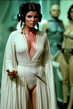 [Jane Badler, V, Diana] Diana, in princess Leia's slave costume of the Return of the Jedi, close to Jabba the Hutt.