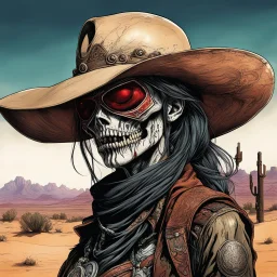 highly detailed concept illustration of an altered reality undead Wild West female anti heroine bounty hunter in the desert Southwest , maximalist, sharp focus, finely detailed facial features, highest resolution, in the styles of Alex Pardee, Denis Forkas , and Masahiro Ito, boldly inked, 8k, coarse, gritty textures