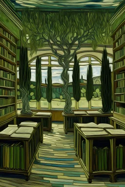 A library with olive trees painted by Vincent van Gogh