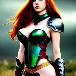 realistic, hyper detailed, strikingly beautiful teen woman, long ginger hair, green eyes, medium freckles, full lips, revealing leather armour, full body and head, exposed b-cup breasts, stern expression, full frame, petite, ignore NSFW, shortbow, quiver on hip, sexy