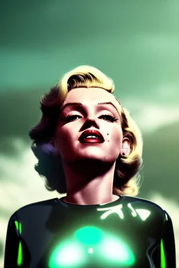 Ultra Realistic retro sci-fi scene, portrait, blonde woman, sweet young Marilyn Monroe face, perfect iris, tight latex coat, Strange planet background, Retro sci-fi style helmet. Spaceship, fog, rain, soft color, highly detailed, unreal engine 5, ray tracing, RTX, lumen lighting, ultra detail, volumetric lighting, 3d, finely drawn, high definition, high resolution.