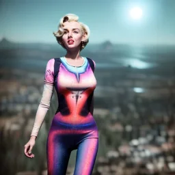 Realistic image, retro sci-fi, portrait, waist up view, blonde woman, sweet Marylin Monroe face, perfect iris, glow eyes. tight lycra tights suit, epic style, vibrant color, highly detailed, unreal engine 5, ray tracing, RTX, lumen lighting, ultra detail, volumetric lighting, 3d, finely drawn, high definition, high resolution.