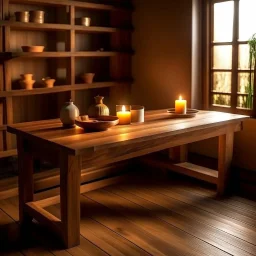 Generate an image of a table with wooden shelves and a warm, inviting atmosphere. The table should be well-lit with soft, natural lighting The background should be slightly blurred.