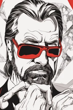 an disgusted and menacing Hans Gruber wearing red-tinted glasses