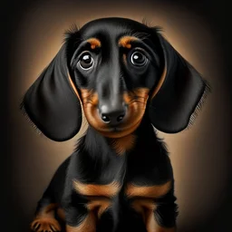 Disney style picture of a black and tan short hair dachshund puppy of 7 months. more black than tan, symmetric