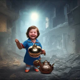 A teapot is shining and a laughing child is looking at it. The child’s image is reflected inside the teapot and behind the child is the reflection of a destroyed city.