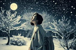 A Japanese woman in a silver and pale blue kimono embroidered with subtle plum blossoms stands in a snowy garden at night. Snowflakes fall around her. She lifts her face gently upward toward the moonlight and stars, her breath faint in the cold. Her silhouette glows softly in the hush of winter. Textured like ancient washi, with soft monochromatic tones and vintage treatment. --v 7 --style raw --ar 2:3 --q 2