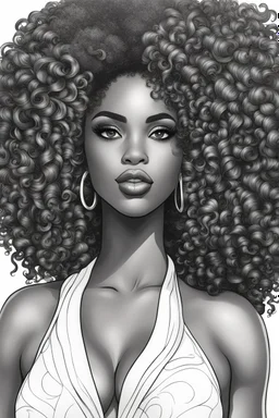 Create a coloring page of a beautiful curvy black female looking to the side with curly afro hair. No shading, No color, clean lines