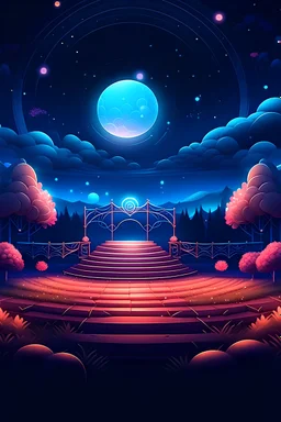 Create a mesmerizing 2D illustration of a music event stage illuminated under the enchanting night sky of spring