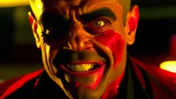 4K, ultra detail, ombres lumieres et reflets maximum, full realism. Robbie Williams in vampire smiling with blood on his teeth