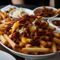 Realistic poutine with fries, cheese curds, poutine gravy, pulled pork, double-smoked bacon, and seasoned chorizo