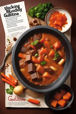 shocking bloody Guillotine magazine cover: A hearty stew that "cuts" through hunger. Use chunks of beef, potatoes, carrots, and spices simmered until tender.