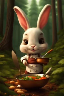 Cute bunny adventurer chef in a forest art realism