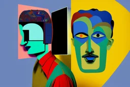 man with head inside a tv box in the style of Eileen Agar