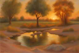 sunset, trees, rocks, pond, sand, rocky land, action movies influence, rock music videoclips influence, hans am ende, and ernest welvaert impressionism paintings