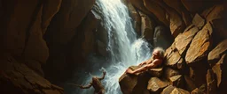 master oil painting by Rembrandt,troll climbing inside the waterfall