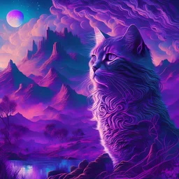 majestic cat, psychedelic, violet tones, fantasy landscape