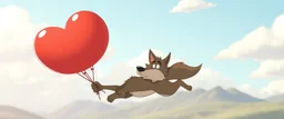stupid cartoon wolf flying with a balloon