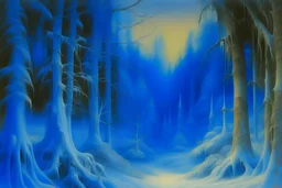 A winter forest with ice spirits painted by The Limbourg Brothers