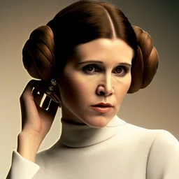 half-length color photo shoot, three-quarter face pose of carrie fisher as Princess Leia with realistic fine and very simple short hair, entrancing deep brown eyes, Intricate, High Detail, Sharp focus, realism, beautiful and detailed lighting, Nikon D850, ef 85mm 5.6 by Annie Leibovitz