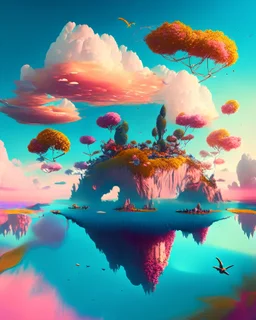 A surreal scene of floating islands in a colorful sky with unique flora and fauna