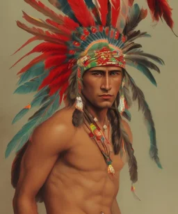 Guaicaipuro, native american god, 30 years old, Muscular warrior, red feathers headdress, shirtless, angry look