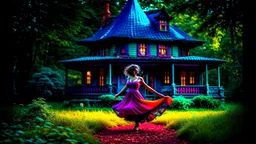 slim nymph dancing in a woodland clearing, with a gothic house behind her. vibrant colour