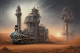 a Train and a oil platform in the desert painted by HR Giger