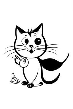 cartoon cat eating a fish. simple thin crisp lines. kids. black and white