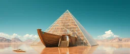 benign transparent superwood alien mega scifi pyramid katamaran ark boat with superwood draw bridge and wing doors and a seeing eye