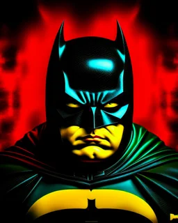 Portriat of the Batman, Fernando Botero style, digital art, red, black and yellow colors,